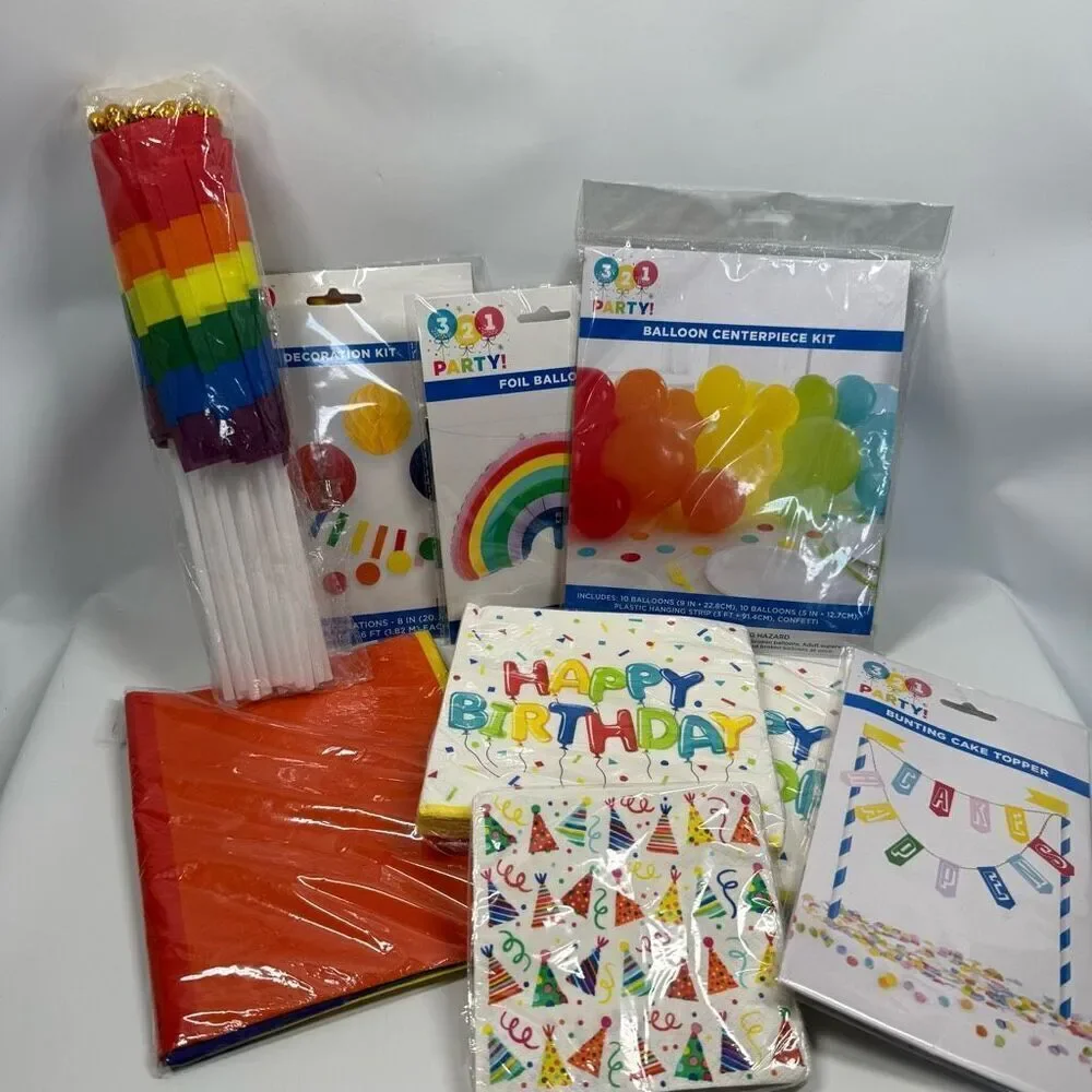D40 Party Decorations- 9 piece Birthday Rainbow, Flag large and small